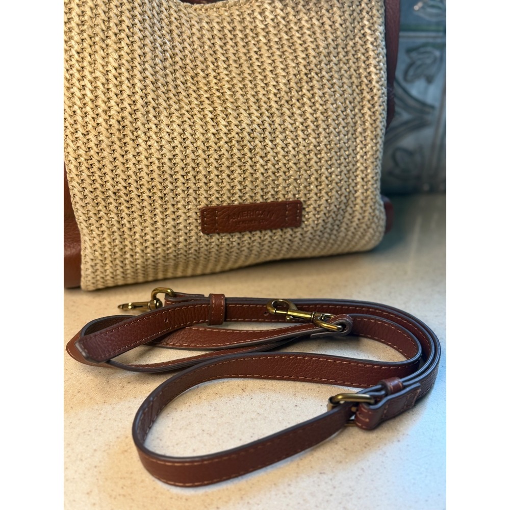 American Leather Co Bag Tan Woven Straw Leather Trim Satchel Crossbody Handbag - Picture 3 of 11